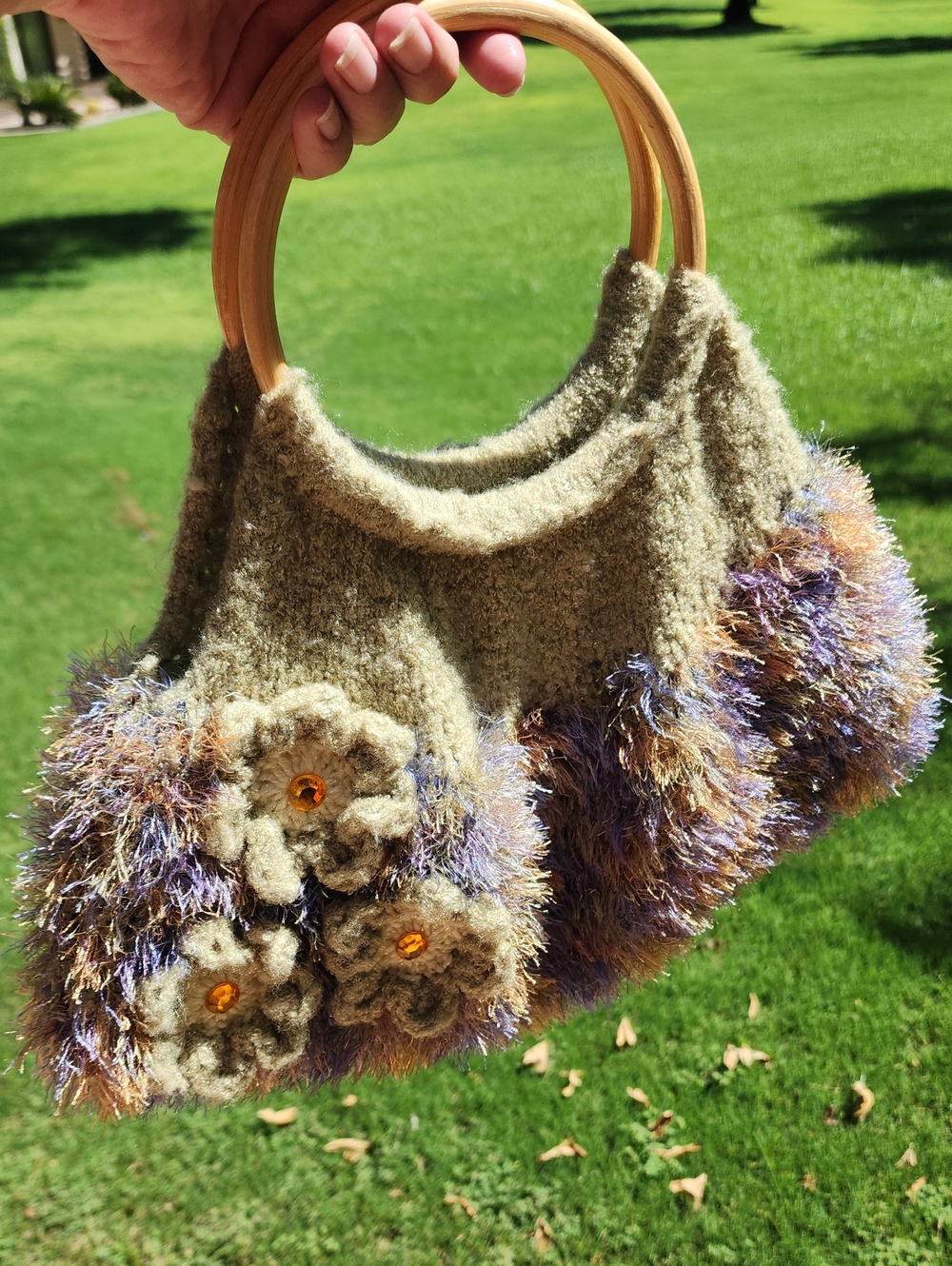 Handmade Knit Floral Accent Handbag with Wooden Handles